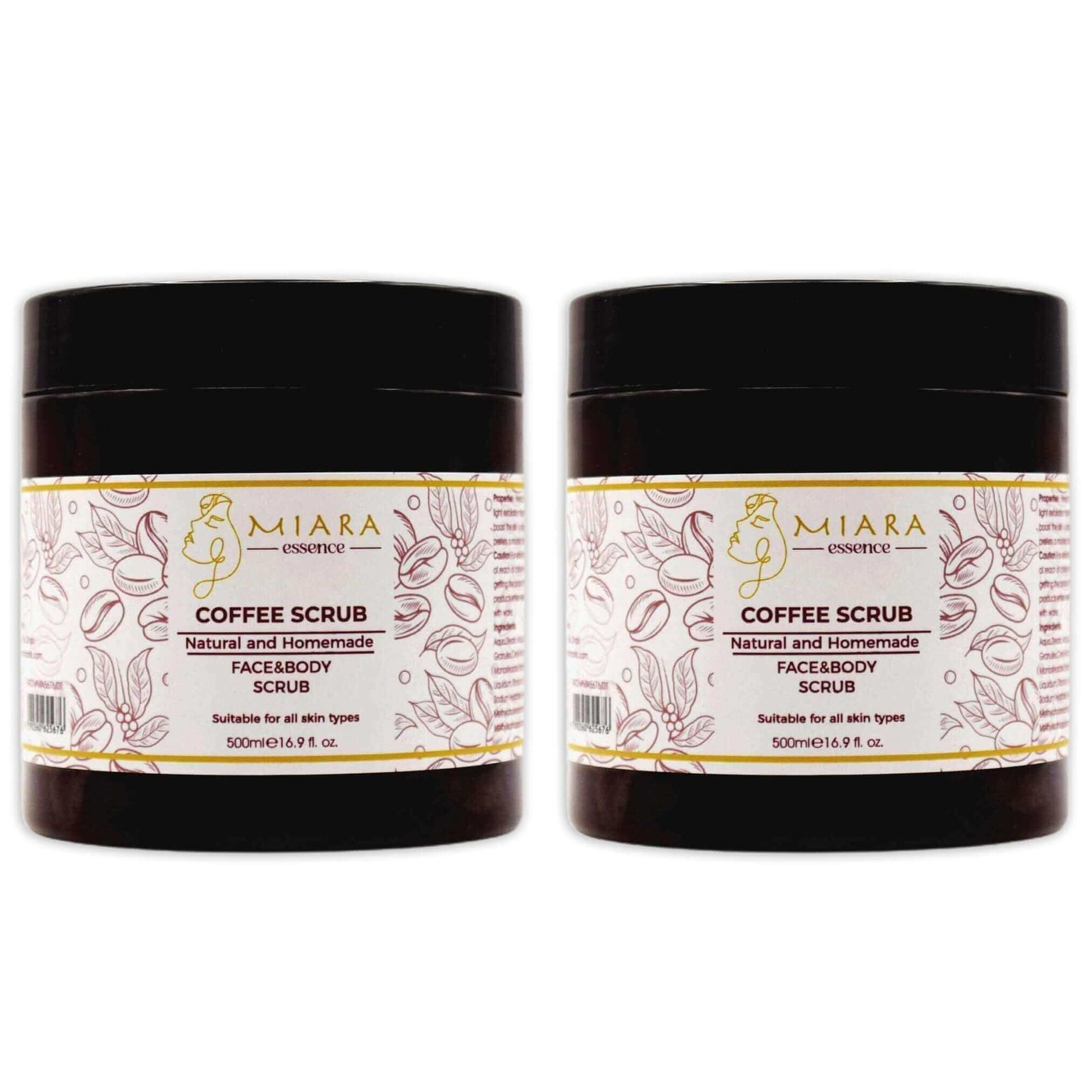 Natural Coffee Scrub by Miara Essence in 500ml jars for effective facial and body exfoliation.