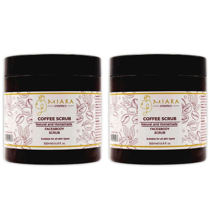 Natural Coffee Scrub by Miara Essence in 500ml jars for effective facial and body exfoliation.