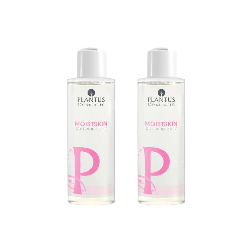 Rose Water Facial Toner by Plantus MoistSkin, featuring two bottles of purifying tonic for rejuvenated skin.