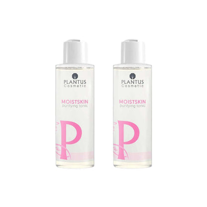 Rose Water Facial Toner by Plantus MoistSkin, featuring two bottles of purifying tonic for rejuvenated skin.