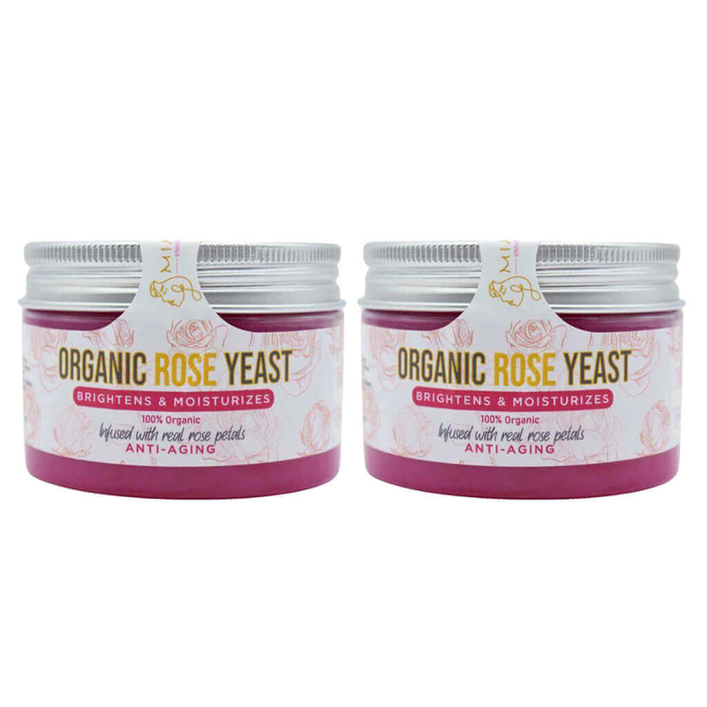 Organic Rose Yeast Face Cream jars for hydration, infused with rose petals for brightening and moisturizing.