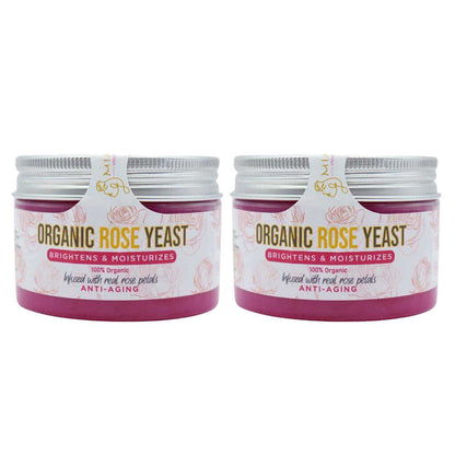 Organic Rose Yeast Face Cream jars for hydration, infused with rose petals for brightening and moisturizing.
