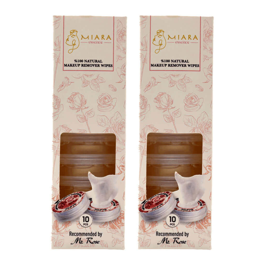 Miara Essence Makeup Remover Wipes packaging, eco-friendly plant-based wipes for makeup removal.
